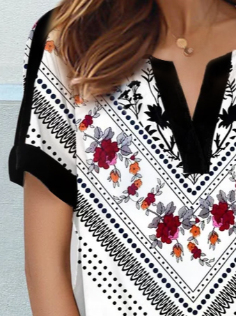 Folk Floral Orientation Print Short Sleeve V-Neck Knit Top
