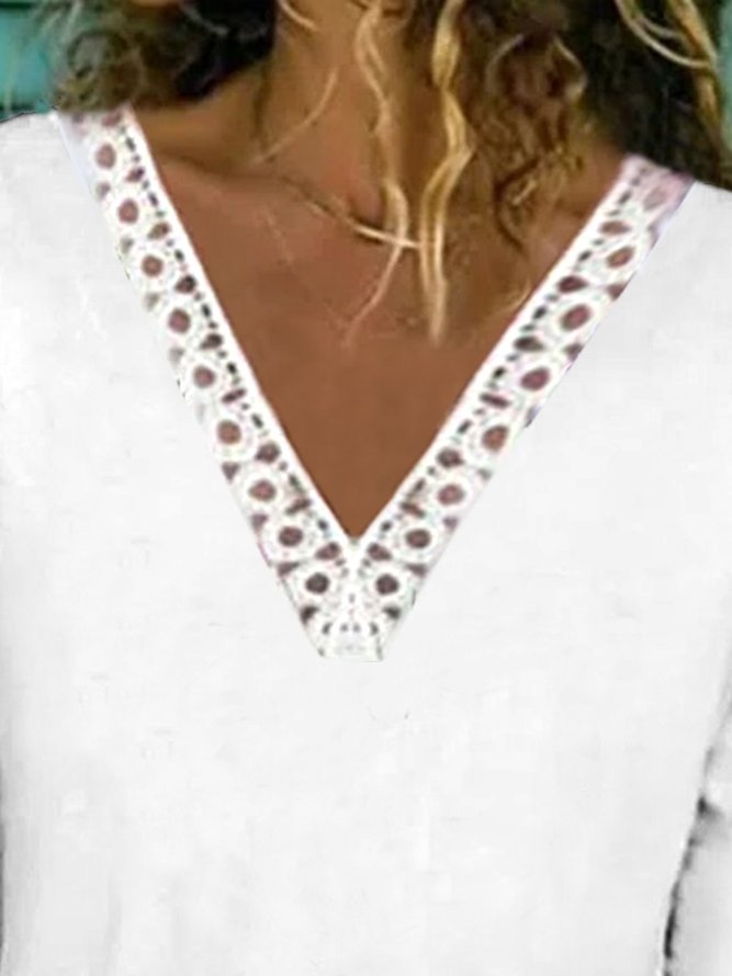 JFN Women V Neck Lace Casual Plain White Basic T-Shirt