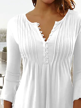 JFN White V Neck Buttoned Basic Casual Plain Ruched Tunic Top