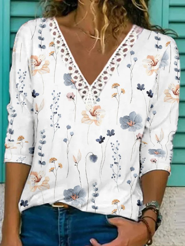 JFN V Neck Casual Floral Long sleeve T-Shirt
