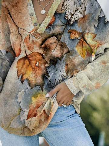 JFN V Neck Casual Cotton-Blend Maple Leaf Print Buttoned Sweatshirt