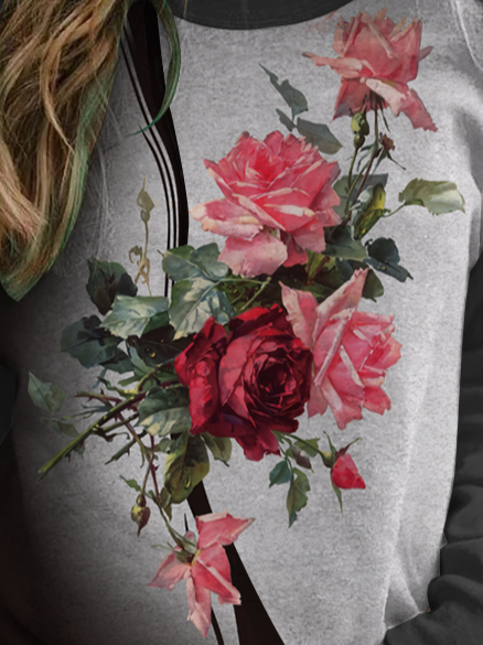Casual Floral Design Crew Neck Knit Sweatshirt