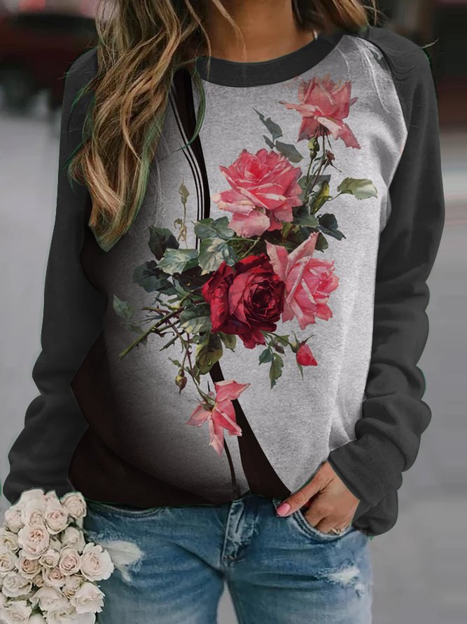 Casual Floral Design Crew Neck Knit Sweatshirt