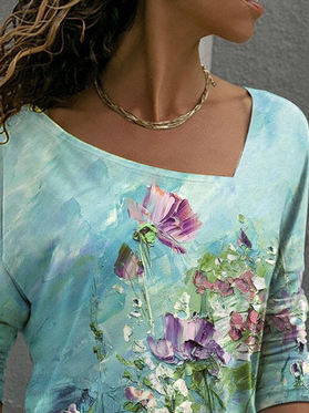 Casual Painting Asymmetrical Floral T-Shirt