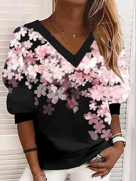 JFN Floral Print V-Neck Loose Knit Sweatshirt
