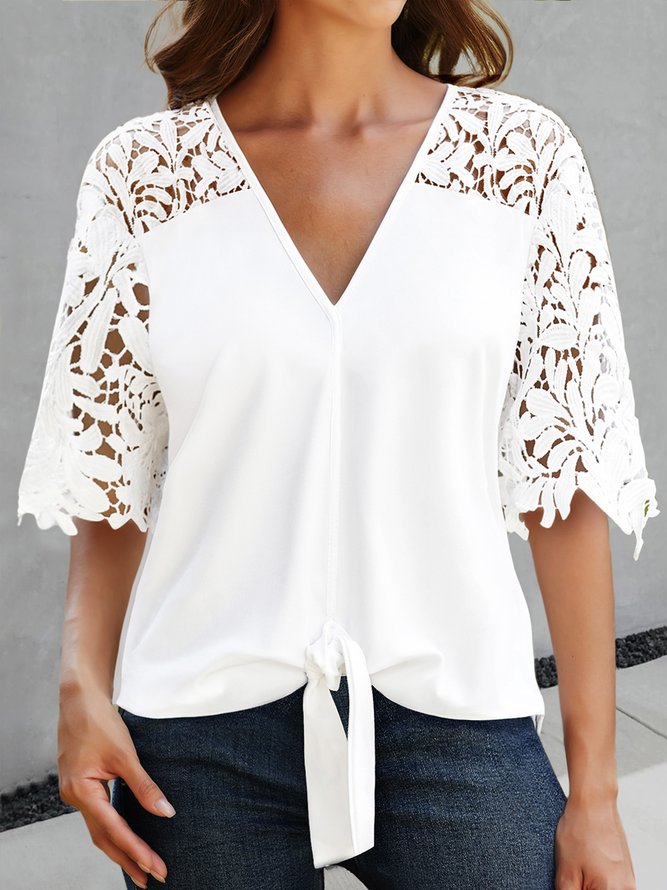 JFN V Neck Lace Casual Plain Knot Front Loose Top