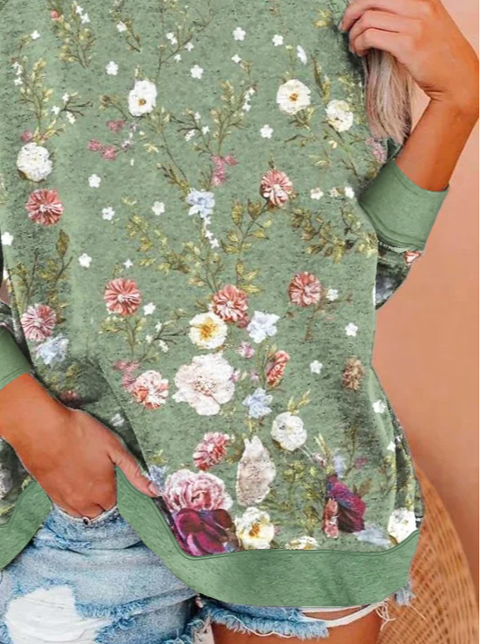 Cotton-Blend Casual Floral Sweatshirt