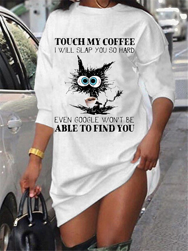 Cat And Coffee Crew Neck Casual Loose Dresses