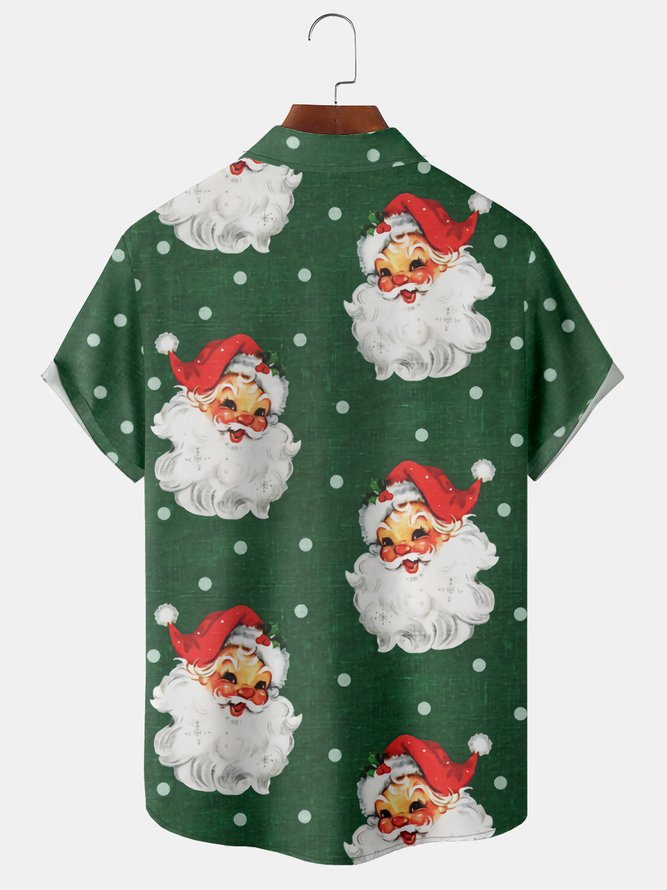 Casual Festive Collection Vintage Santa Claus Pattern Lapel Short Sleeve Shirt Print Top