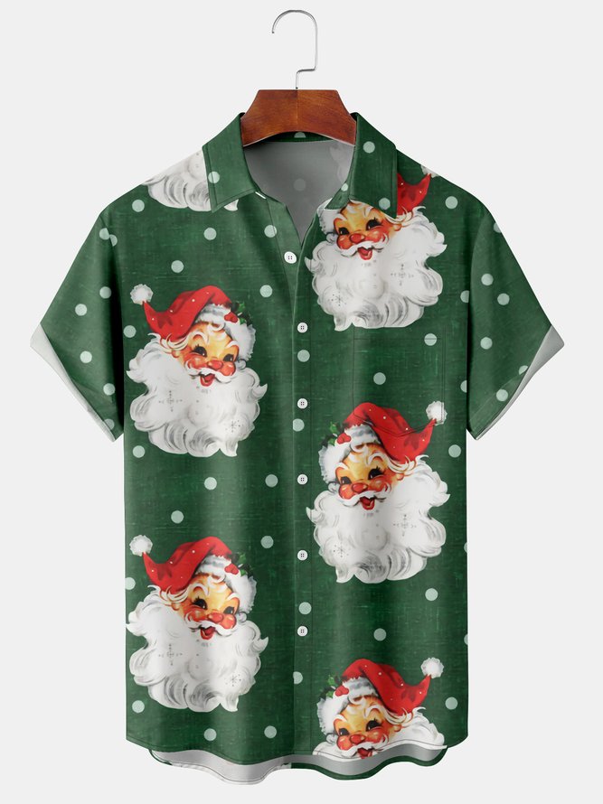Casual Festive Collection Vintage Santa Claus Pattern Lapel Short Sleeve Shirt Print Top