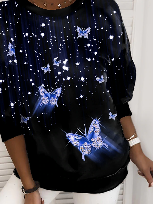Women Casual Blue Shiny Butterfly Loose Sweatshirt