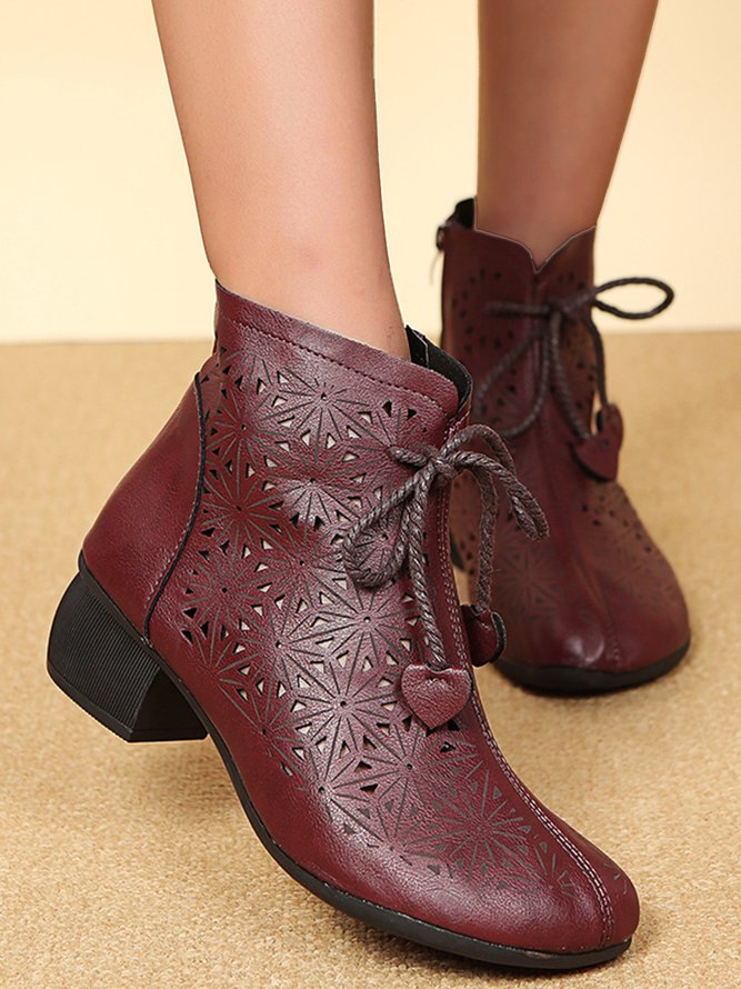 Vintage Soft Leather Cutout Breathable Chunky Heel Lace-Up Boots