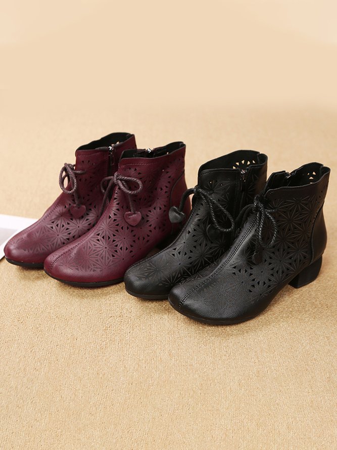 Vintage Soft Leather Cutout Breathable Chunky Heel Lace-Up Boots