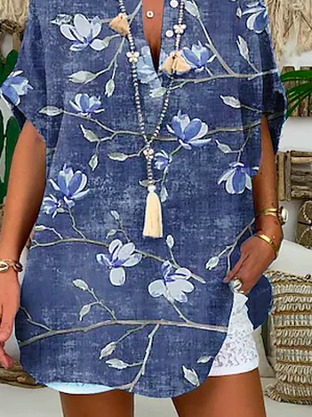 Loose Floral V Neck Vacation Blouse