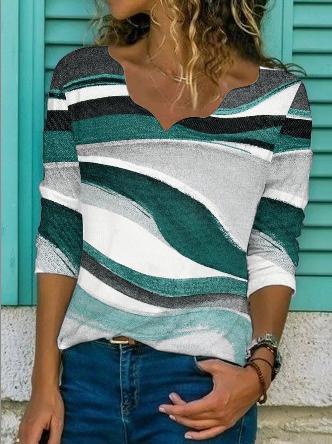JFN V Neck Striped Casual Autumn Daily Loose T-shirt