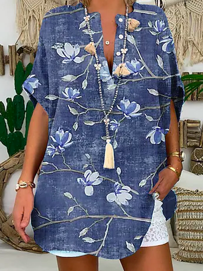 Loose Floral V Neck Vacation Blouse