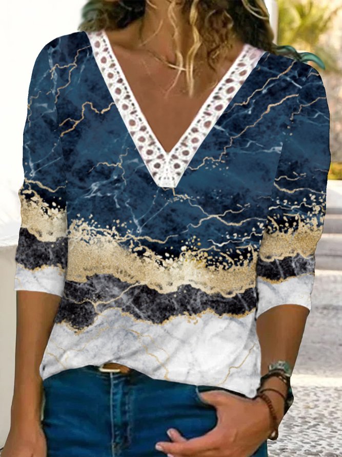 V Neck Lace Gradient Pattern Casual T-Shirt