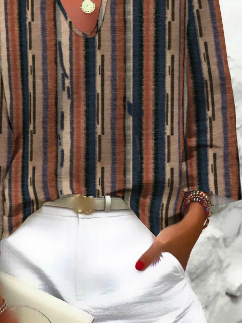 Women Striped Casual Autumn No Elasticity Daily Long sleeve Regular Regular Regular Size Tops