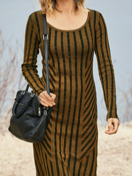 Women Striped Casual Autumn Natural Lightweight Micro-Elasticity Daily Regular Fit Crew Neck Dresses