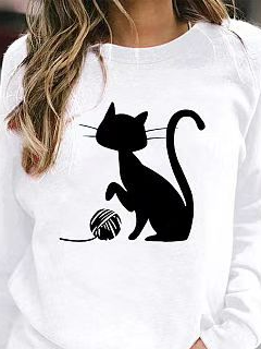 Casual Autumn Cat Micro-Elasticity Daily Loose Regular H-Line Regular Sweatshirts for Women