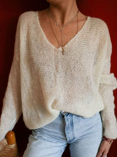 Casual Plain V-Neck Loose Pullover Sweater