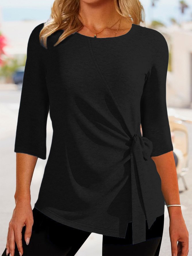 JFN Crew Neck Plain Simple Knot Front Tunic Top