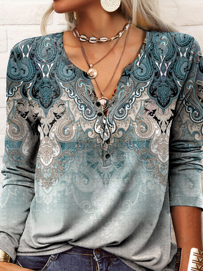Women V-Neck Ethnic Boho Vintage Graphic Prints Long Sleeve Button T-Shirt