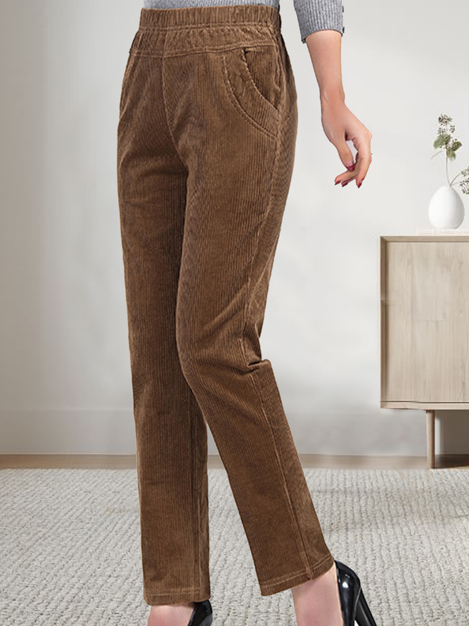 Women Plain Corduroy Elastic Waist Pocket Loose Turnip Pants