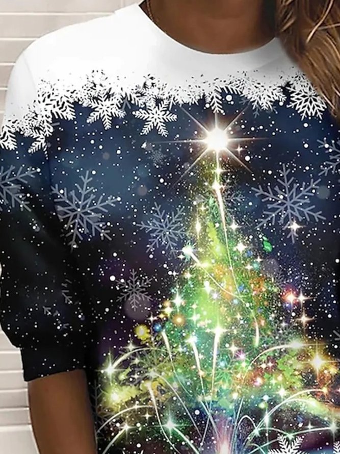Women Christmas Crewneck Sweatshirt Fashion Shiny Xmas Tree Print Long Sleeve Shirt Casual Loose Fit Top