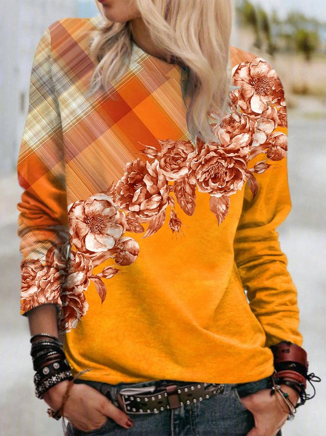 Crew Neck Casual Plaid And Floral Sweatshirt
