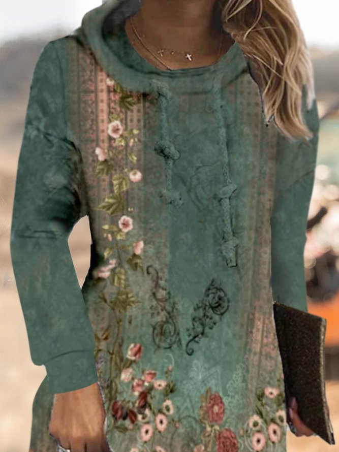 Women Retro Vintage Floral Loose Hoodie Midi Dress
