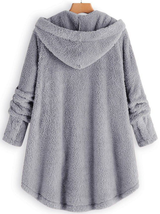 Women Cozy Fleece Hooded Fuzzy Asymmetrical Hem Button Teddy Bear Coat