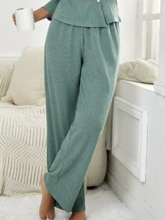 Ribbed Knit Lounge Crew Neck Buttoned Two-Piece Set