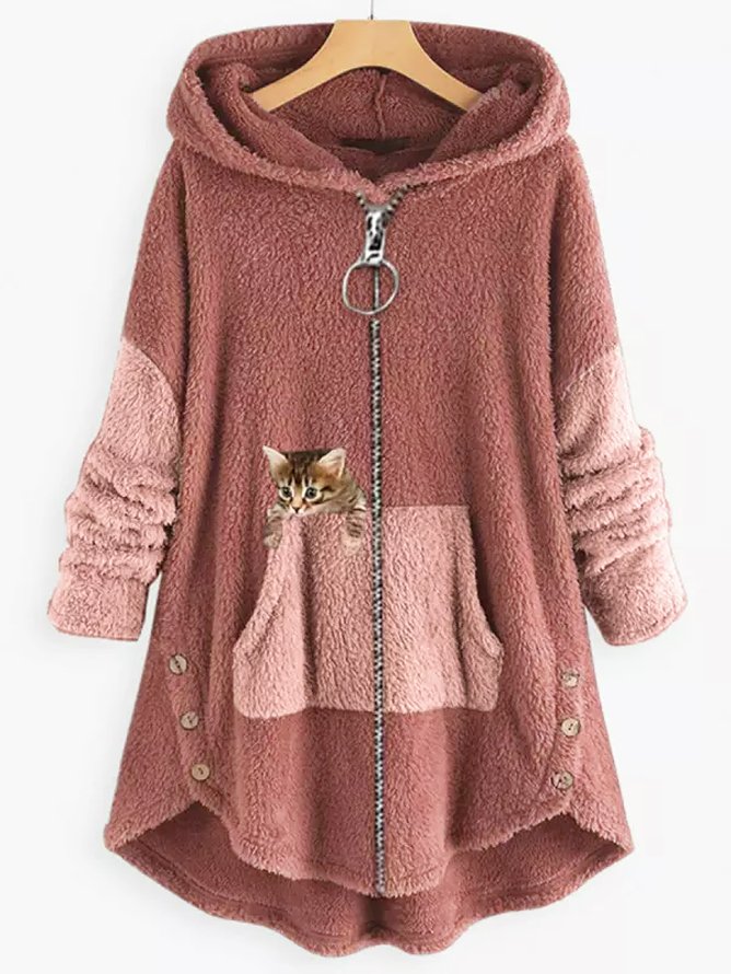 Women Color Block Fluff/Granular Fleece Fabric Cat Zipper Hooded Coat