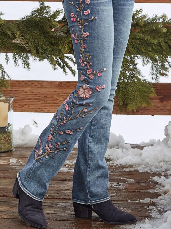 Casual Floral Denim Jeans