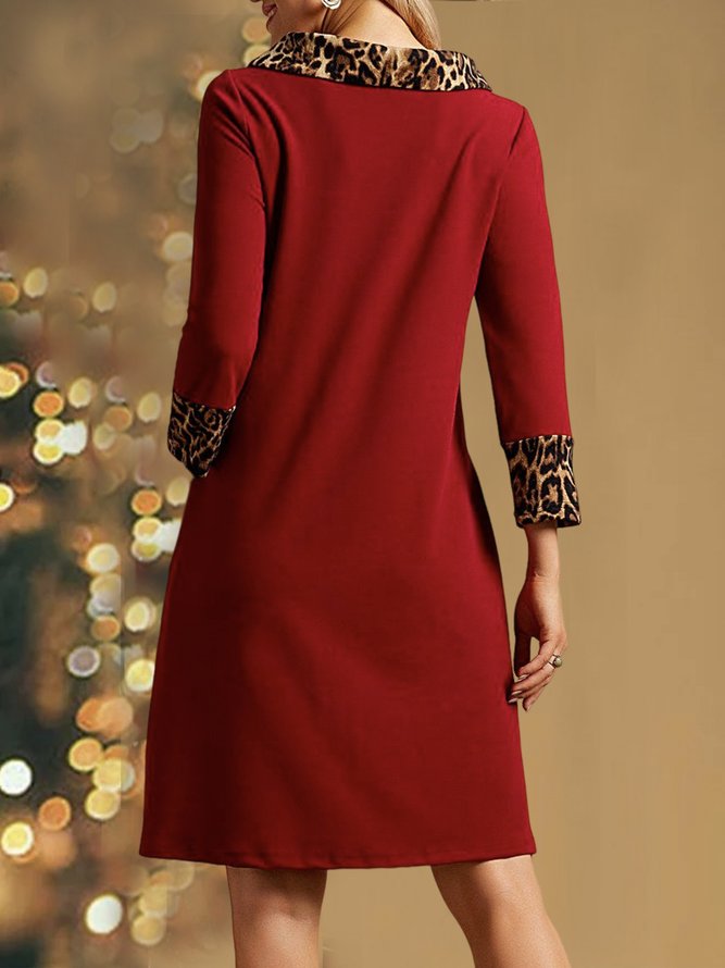 Christmas Urban Color Block Leopard Shawl Collar Loose Midi Dress