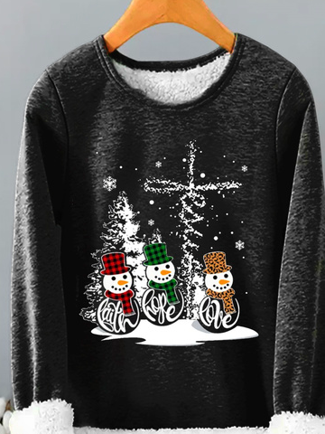 Women Loose Christmas Snowman Casual Crew Neck Thicken Sweatshirt