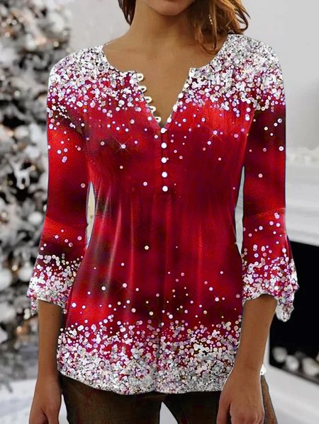 Women's Ethnic Casual V-neck A-Line Tops Long Sleeve Henry Collar shinny Snowflake Print Tunic Daily Hot List 