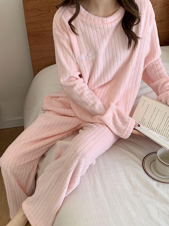 Flannel Thermal Pajamas Long Sleeve Pants Homewear Set Plus Size
