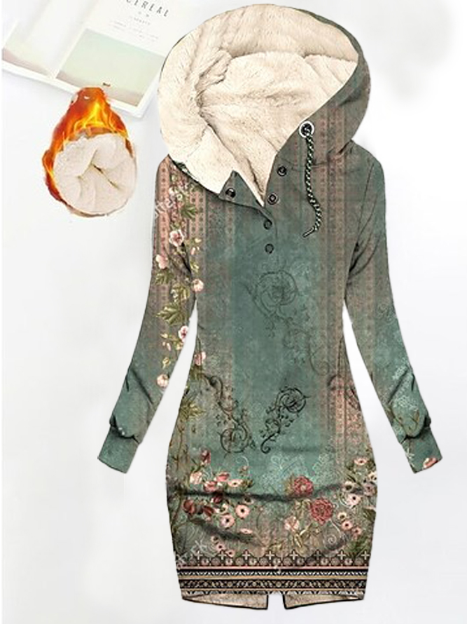 Floral Fluff/Granular Fleece Fabric Casual Dress