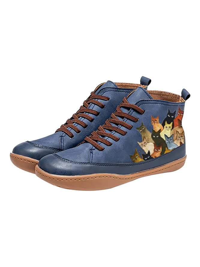 Women Lots of Little Cat Graphics Stitching Soft Sole Lace-Up Boots