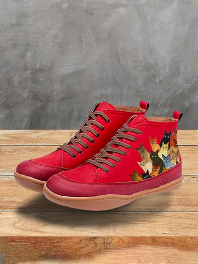 Women Lots of Little Cat Graphics Stitching Soft Sole Lace-Up Boots