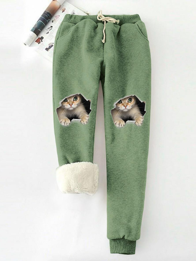 Women Funny Cat Fleece Elastic Waist Casual Comfy Pants