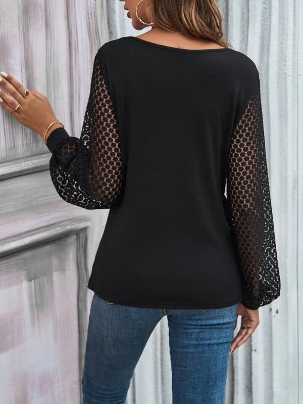 Cross Neck Lace Sleeve Casual Top