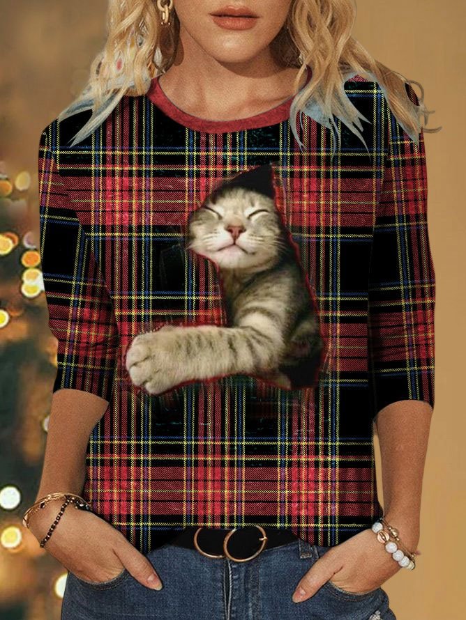 Christmas Plaid Cute Cat Crew Neck T-Shirt