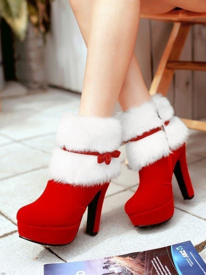 Christmas Bow Plush Heel Booties
