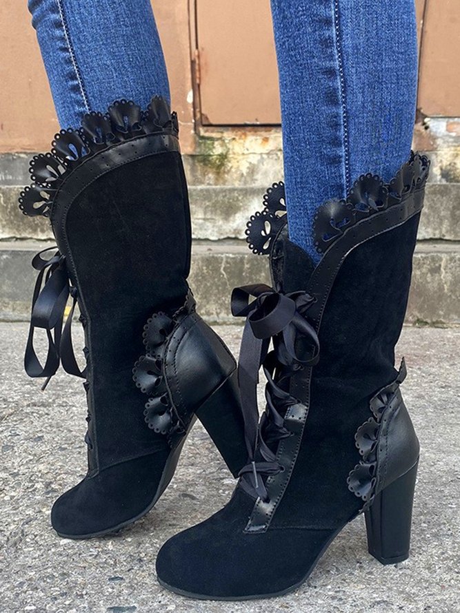 Black Vintage Stitched Lace Court Boots