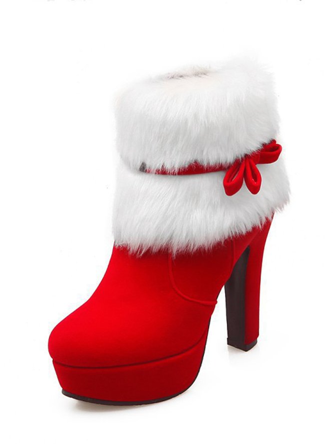 Christmas Bow Plush Heel Booties