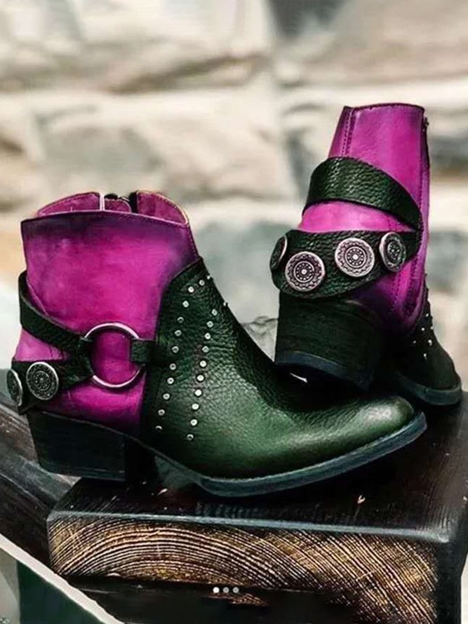 Antique Metal Embellished Soft Leather Ankle Cowboy Boots