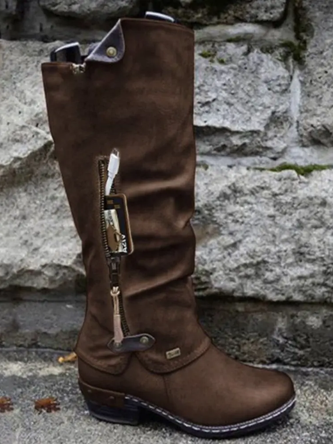 Vintage Casual Pleated Zip Riding Boots